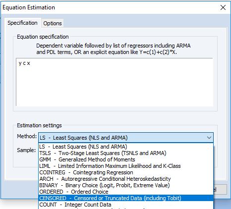 Дараагийн алхамд Method: хэсгээс зурагт харуулсны дагуу CENSORED-Censored or Truncated Data (including Tobit) гэсэн сонголтыг хийхэд дор харуулсан хэлбэртэй болж өөрчлөгдөнө.