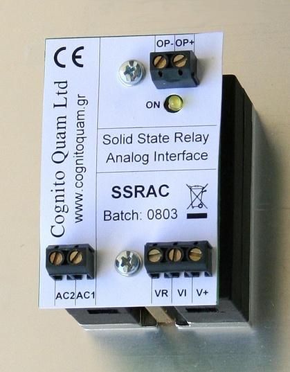 3.γ. Αναλογικός ελεγκτής διακόπτη SSR O πλήρως προστατευμένος αναλογικός ελεγκτής διακόπτη SSR (Solid State Relay) δέχεται αναλογικό, μορφής PWM ή ποτενσιόμετρικό σήμα ελέγχου 0-10 VDC και οδηγεί τον