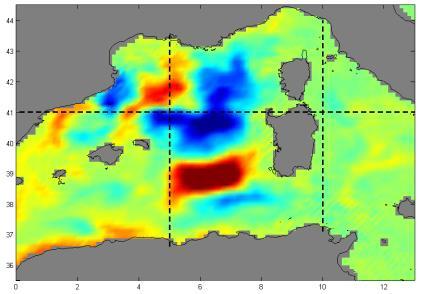 Στο fig.3.22 εξετάζουμε τομή διεύθυνσης νότου-βορρά της LPC υποπεριοχής στις 5 μοίρες (ανατολικά) γεωγραφικού μήκους. Διαφορές αλατότητας > 0.