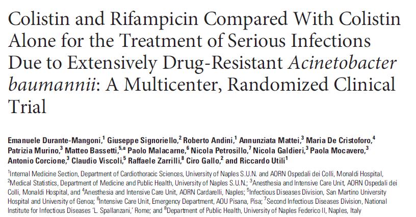 CID 2013;57:349-58 Πολυκεντρική τυχαιοποιημένη κλινική μελέτη σε 210 ασθενείς με λοίμωξη από XDR A. baumannii σε 5 Ιταλικές Μ.Ε.