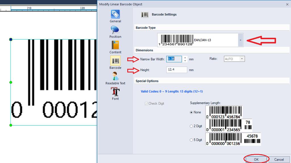 BARCODE Η εισαγωγή Barcode έχει πολλές κοινές επιλογές με την εισαγωγή κειμένου. Κάνουμε δύο κλικ με το ποντίκι επάνω στο Barcode για να ανοίξουμε τις επιλογές του.