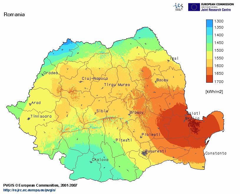 Radatia solara anuala pe teritoriul Romaniei in kwh/m² Proiectarea si dimensionarea sistemului Premisa unei exploatari eficiente este o dimensionare corecta a instalatiei de pompe de caldura, o supra