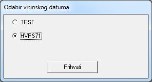 Slika 16. Odabir visinskog datuma HVRS71. Koordinate točaka u službenim referentnim koordinatnim sustavima HTRS96/TM i HVRS71 dane su u tablici 8. Tablica 8.