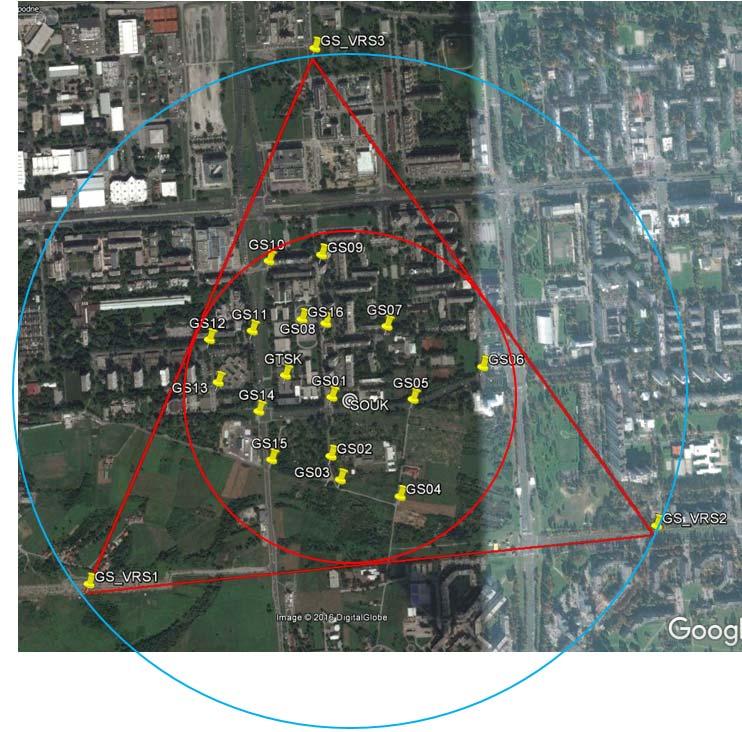 Slika 5. Prikaz područja izmjere s mrežom GNSS točaka i referentnim VRS točkama. U članku 11.