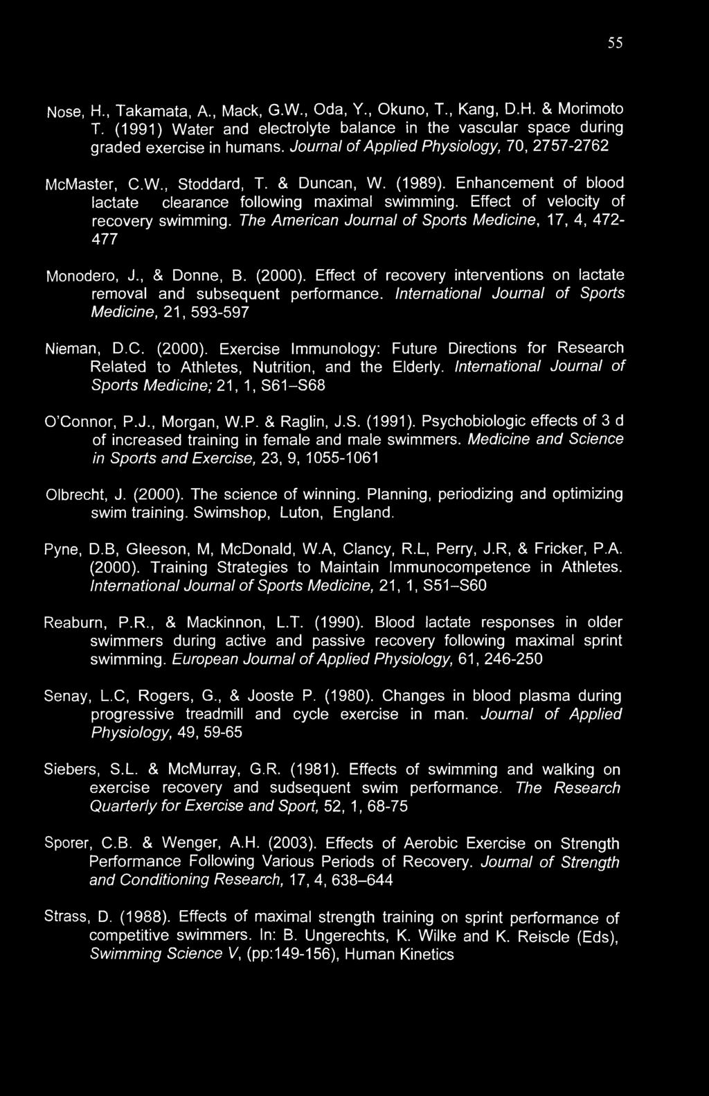 Effect of velocity of recovery swimming. The American Journal of Sports Medicine, 17, 4, 472-477 Monodero, J., & Donne, B. (2000).