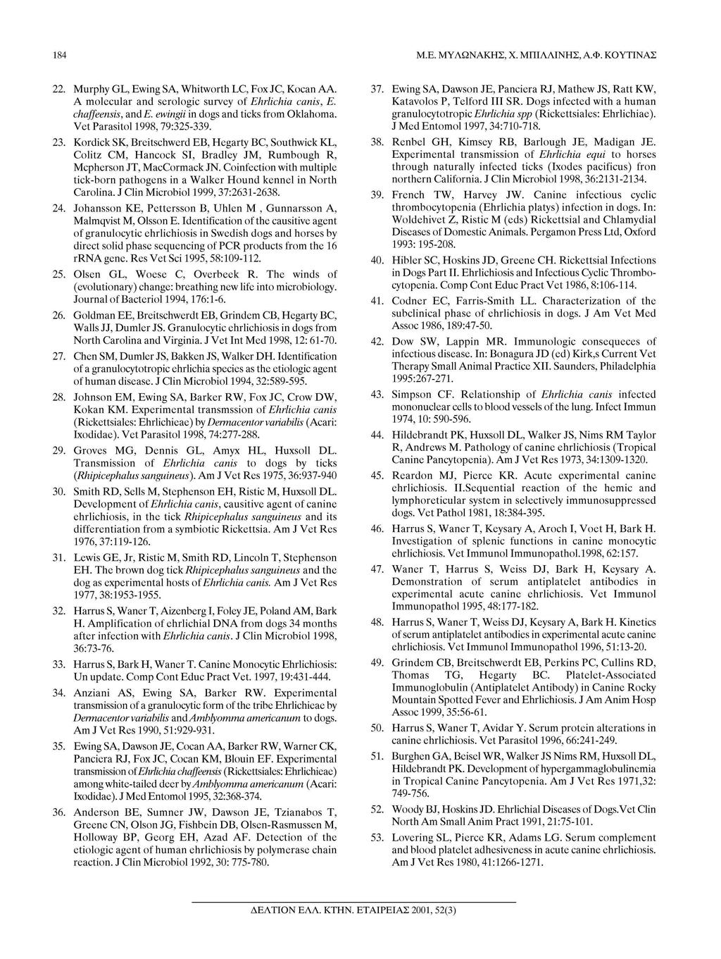 184 Μ.Ε. ΜΥΛΩΝΑΚΗΣ, Χ. ΜΠΙΛΛΙΝΗΣ, Α.Φ. ΚΟΥΤΙΝΑΣ 22. Murphy GL, Ewing SA, Whitworth LC, Fox JC, Kocan AA. A molecular and serologic survey of Ehrlichia canis, E. chaffeensis, and.