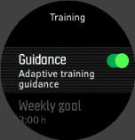 Αν δεν επιθυμείτε προσαρμόσιμη καθοδήγηση, αλλά επιθυμείτε έναν στόχο άσκησης, μπορείτε να θέσετε έναν αριθμό ωρών σαν εβδομαδιαίο στόχο από τις ρυθμίσεις στην ενότητα Training. 1.