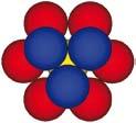 Okoli centralnega (rumeno obarvanega) atoma je šest (rdeče obarvanih) atomov v isti plasti B, trije atomi (temno modro obarvani) v zgornji plasti A in trije atomi (svetlo modro obarvani) v spodnji