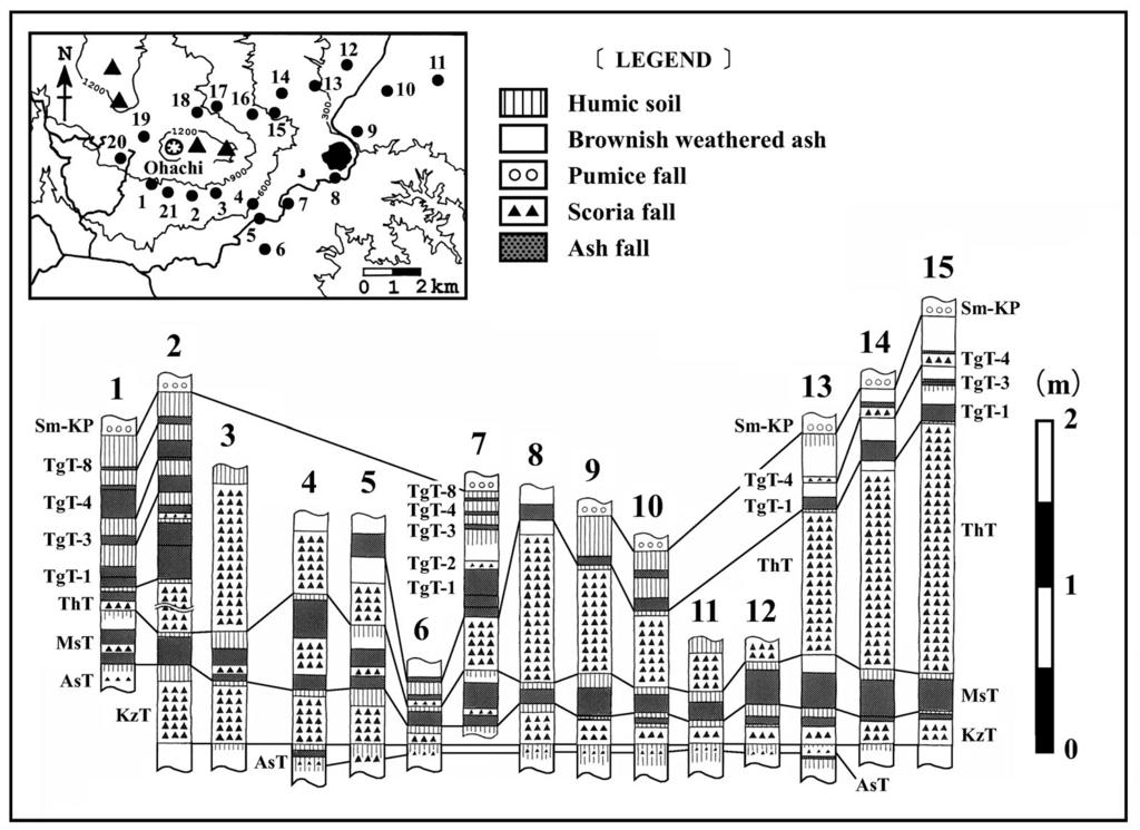4 Fig.,a. Stratigraphic columns showing the lateral correlations of representative tephra (Locality number +-+/).