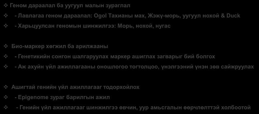 Хэрэгжиж байгаа болон ирээдүйн судалгааны төлөвлөгөө Геном дараалал ба уугуул малын зураглал - Лавлагаа геном дараалал: Ogol Тахианы мах, Жэжү-морь, уугуул нохой & Duck - Харьцуулсан геномын