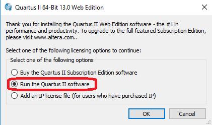 3. Ξεκινάμε κάνοντας εγκατάσταση το QuartusSetupWeb-13.0.1.232.exe πατώντας το κουμπί Next. 4. Μόλις τελειώσει η εγκατάσταση, στο pop-up window επιλέγουμε το Run the Quartus II software.