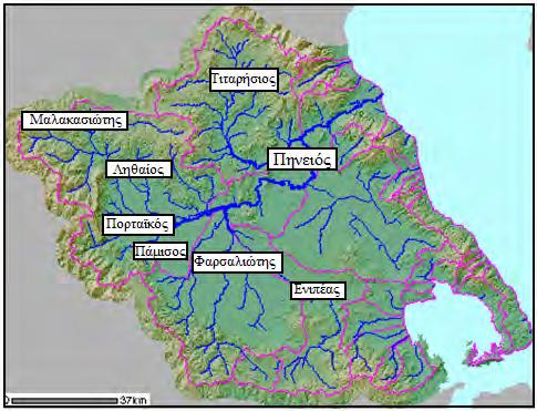 14 Εικόνα 2.2: Υδρολογικός χάρτης Θεσσαλίας (Tsakiris 2008) Ο Πηνειός ή Σαλαβριάς ποταμός έχει συνολικό μήκος 205 χιλιόμετρα και οι πηγές του βρίσκονται στην Πίνδο.