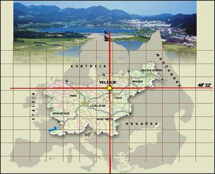Slika 13: Zemljevid Evrope in Slovenije ter uvrstitev občine na svojo lokacijo Mestna občina Velenje je razdeljena na 19 delov 3 mestne četrti in 16 krajevnih skupnosti.