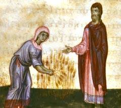 Λεπτομέρεια μικρογραφίας με γυναίκα που μαζεύει στάχυα, 13ος αι., Άγιον Όρος, μονή Βατοπεδίου.