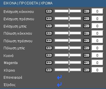 Χειριστήρια Χρήστη ΠΡΟΣΘΕΤΑ Χρώμα Χρώμα Χρησιμοποιήστε αυτές της ρυθμίσεις για ρύθμιση των ξεχωριστών χρωμάτων Κόκκινο, Πράσινο, Μπλε, Κυανό, Magenta