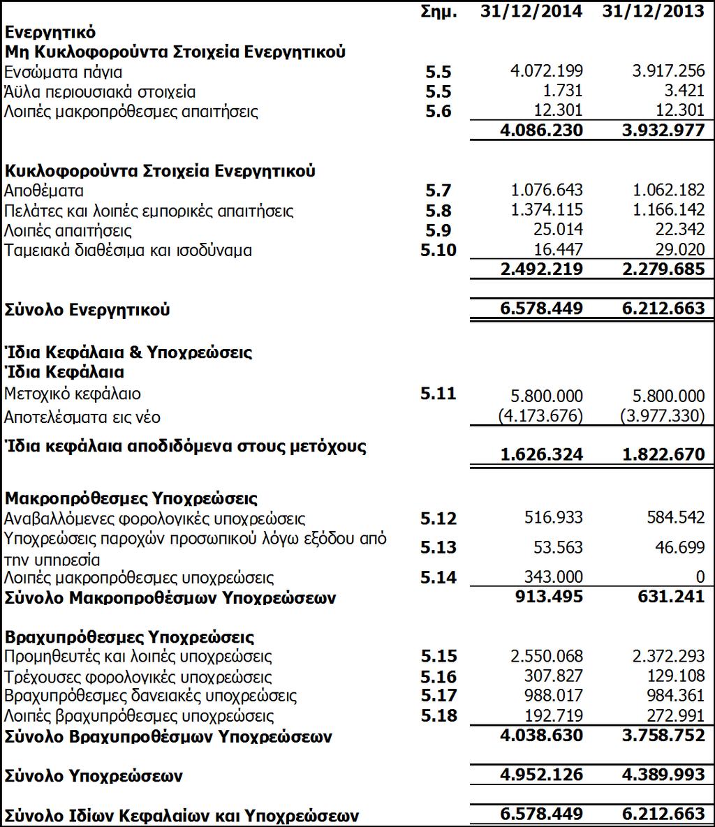 Κατάσταση οικονομικής θέσης Ετήσια Οικονομική