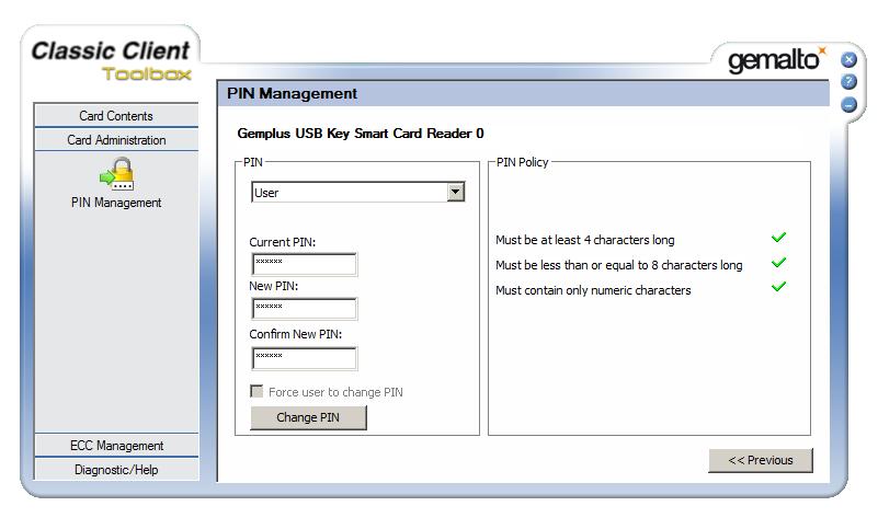 Επιλέξτε αριστερά το tab: Card Administration > Pin Management > Next Πληκτρολογείτε στο Current PIN το 123456 και στο New PIN τον κωδικό της
