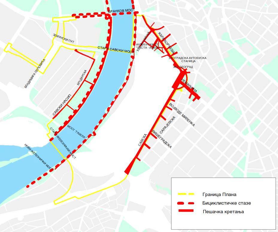 Слика 31. Савски амфитеатар - шема постојећих пешачких и бициклистичких стаза Унутрашњи водни саобраћај Међународна комисија за слив реке Саве је Одлуком бр.