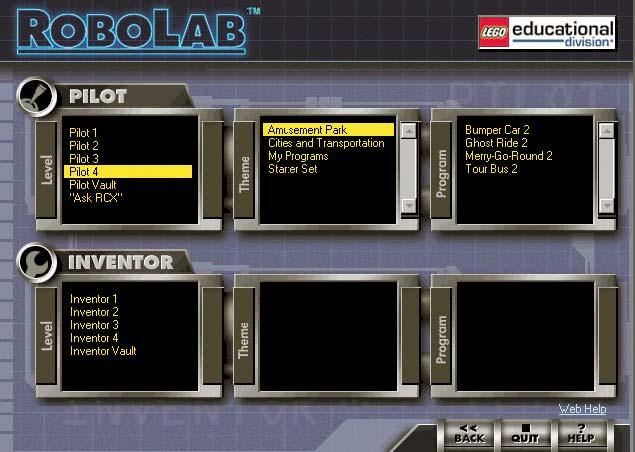 Πατώντας το πλήκτρο Programmer ανοίγει η καρτέλα του Αρχικού Μενού του προγραμματιστικού περιβάλλοντος Robolab : Το πρόγραμμα μας δίνει δύο επιλογές (τρόπους) προγραμματισμού για να ελέγξουμε τη