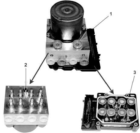 Blocul ABS Blocul ABS (1) este compus din : -Grupul hidraulic (2) (electrovane, pompă hidraulică, motor de pompă,