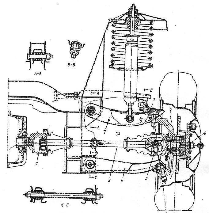 În fig.2.43 este prezentată construcţia unei punţi faţă motoare, articulată prin mecanism patrulater deformabil, utilizat cel mai mult la autoturisme.