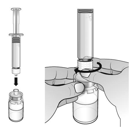 Pasul 4: Dizolvaţi Nplate prin injectarea apei în flacon Utilizaţi: Seringa preumplută cu apa sterilă şi flacon cu adaptor de flacon atasat Înainte să începeţi Pasul 4 vă rugăm să luaţi în