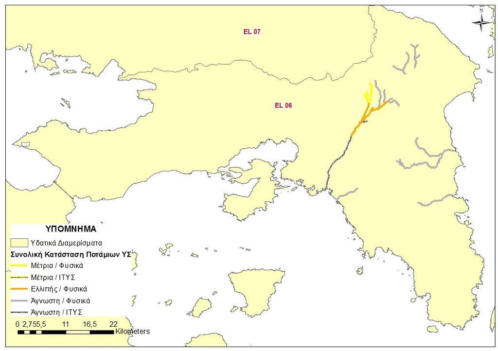 Χάρτης 26: Ταξινόμηση συνολικής κατάστασης ποτάμιων Υδατικών Συστημάτων ΥΔ Αττικής (EL06) 6.1.