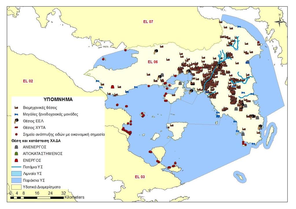 Χάρτης 14: Σημειακές πιέσεις στο Υδατικό Διαμέρισμα EL06 Λεκάνη Απορροής Αττικής (EL0626) Στη ΛΑΠ Λεκανοπεδίου Αττικής τα συνολικά ετήσια φορτία που προκύπτουν από το άθροισμα των επιμέρους σημειακών