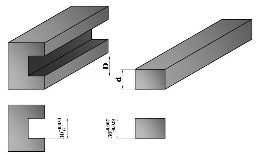 a b Figura 2 Piese prelucrate pentru alezaj: pentru arbore: valoarea nominală: N = 30 mm; N = 30 mm; abaterea superioară: ES = 0,033 mm; es = -0,007 mm; abaterea inferioară: EI = 0; ei = -0,028 mm;