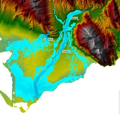 Εικόνα 7.6 Ζώνες κατάκλυσης με μέγιστα βάθη ροής για μέσες συνθήκες και Τ = 50 έτη στην ΖΔΥΚΠ GR04RAK002 (πηγή: HEC-RAS) 7.2.3 Ζώνη GR04RAK0003 Η εξεταζόμενη περιοχή αφορά τη χαµηλή ζώνη του π.