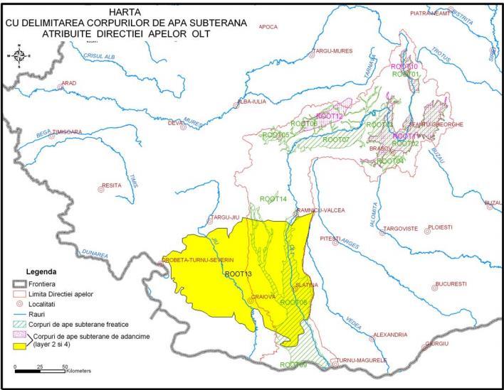 Figura nr. 20 - Harta cu delimitarea corpurilor de apa subterana atribuite Directiei Apelor Olt D.1.