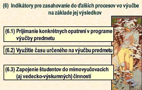 Oblasť (6) ZASAHOVANIE DO ĎALŠÍCH PROCESOV VO VÝUČBE Zasahovať (A) do nasledujúcich procesov vo výučbe znamená prijímať opatrenia na zdokonalenie a zlepšenie jej kvality na základe výsledkov, zlepšiť