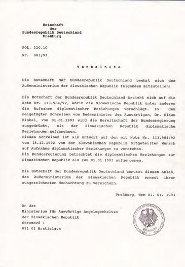 Faksimile verbálnych nót, ktorými štáty uznávajú Slovenskú republiku ako subjekt medzinárodného práva a vyjadrujú pripravenosť nadviazať s ňou diplomatické styky.