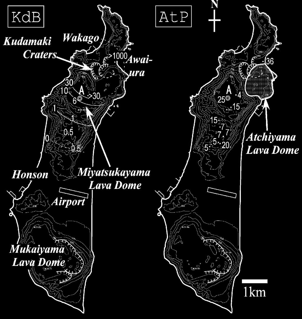 334 Fig... Map showing thickness of Kudamaki tephra (KdB) and Atchiyama tephra (AtP)(in cm). AtL : Atchiyama lava dome. Fig. -. Stratigraphic columnar section at an outcrop on Miyatsukayama.