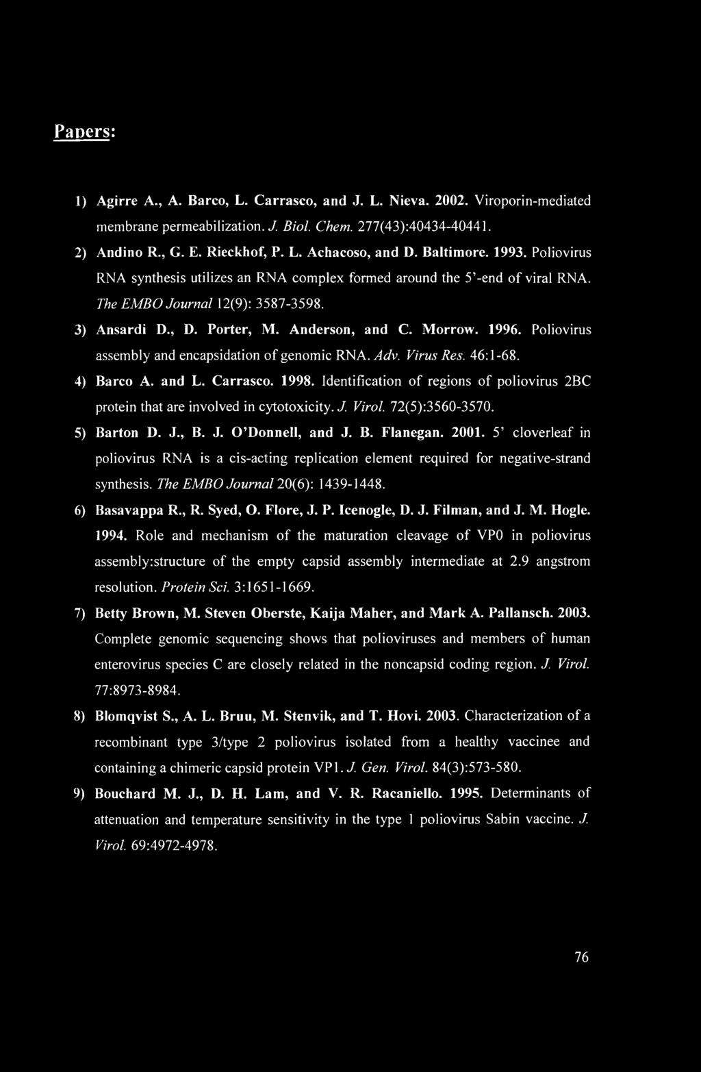 Poliovirus assembly and encapsidation of genomic RNA. Adv. Virus Res. 46:1-68. 4) Barco A. and L. Carrasco. 1998. Identification of regions of poliovirus 2BC protein that are involved in cytotoxicity.