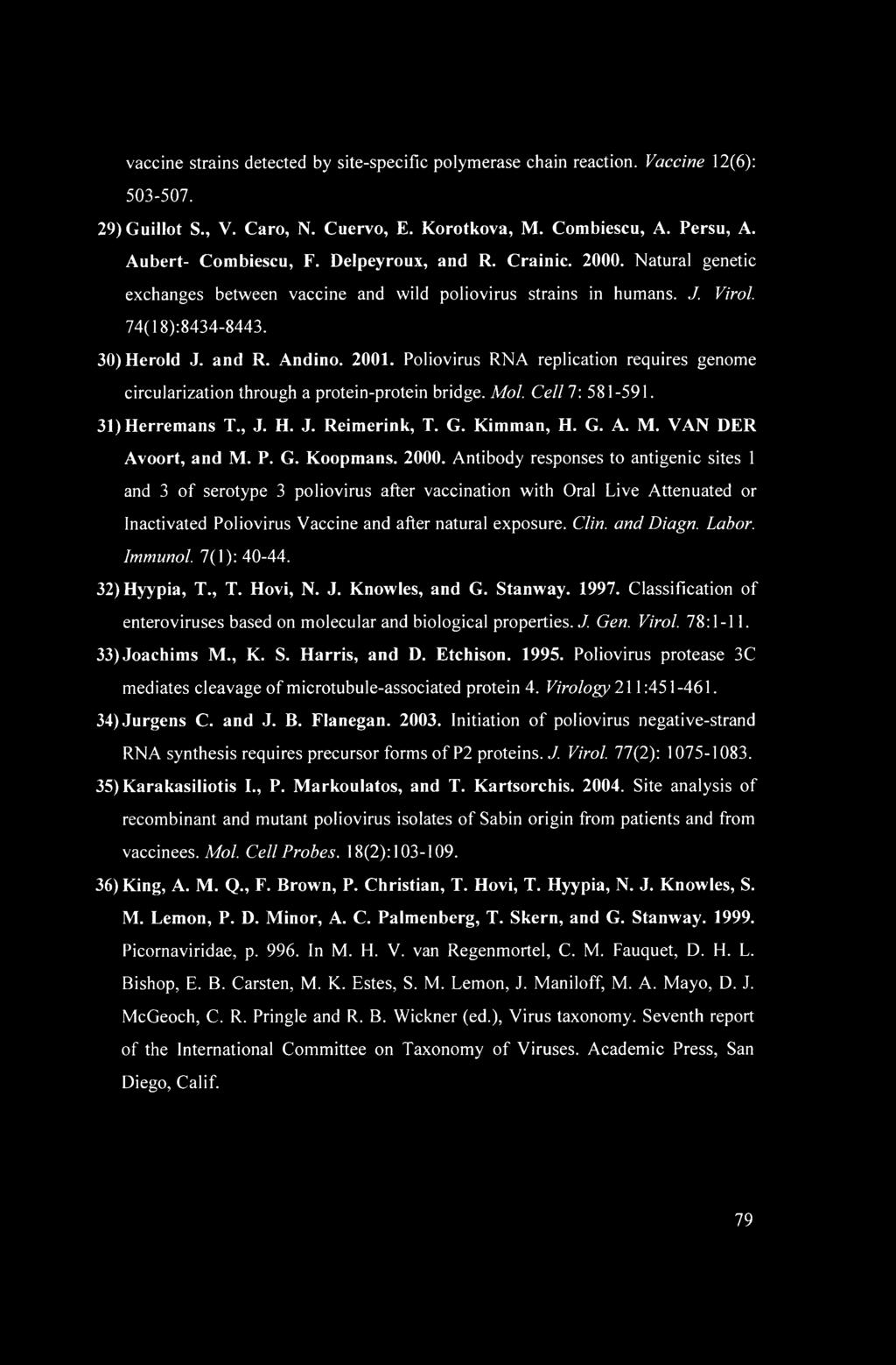 Poliovirus RNA replication requires genome circularization through a protein-protein bridge. Mol. Cell 7: 581-591. 31) Herremans T., J. H. J. Reimerink, T. G. Kimman, H. G. A. M. VAN DER Avoort, and Μ.