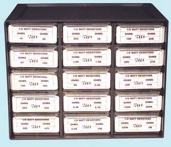 Semiconductors/Components Resistor Kits Each kit contains 30 of the most popular values Plastic cabinet with 15, two section drawers Cabinets stack together to build a component storage center Easily