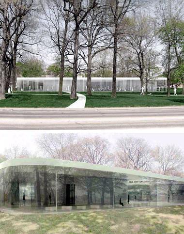 glass pavillion, toledo museum of art, ohio, usa. οι αρχιτέκτονες ήθελαν να υπάρχει συνέχεια του τοπίου μέσα στο περίπτερο το όποιο περιβάλλεται από αιωνόβια δέντρα.
