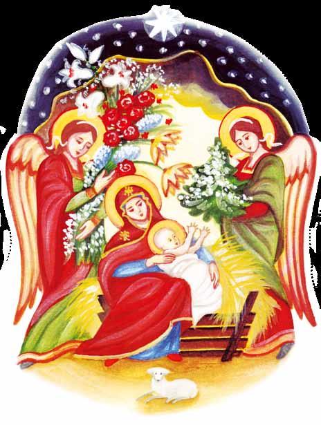 primul brad la Nasterea Domnului, E. ivanovskaia Cînd s-a născut Pruncul Hristos şi Fecioara Maria, înfăşîndu-l, L-a pus în iesle pe paie, îngerii din cer s-au adunat să-l vadă.
