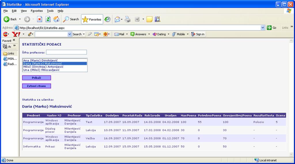 3 ИНТЕРФЕЈС АУТОРИЗОВАНЕ DLS ПЛАТФОРМЕ Слика 3.6: Web страна Statistike.aspx [Милентијевић и др., 2012] Слика 3.7: Web страна Profesori.aspx [Милентијевић и др., 2012] Намена стране Greska.