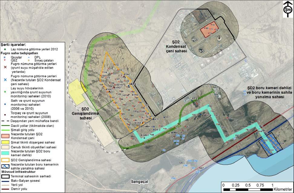 Şəkil 6.6 Torpaq və qrunt sularının monitorinqi sahələri Aşağıdakı geoloji ardıcıllıqlara Şəkil 6.6-da göstərilən geoloji kəşfiyyat quyuları daxilində rast gəlinmişdi (geoloji şəraitlər üçün Şəkil 6.
