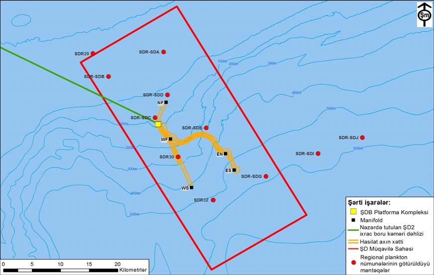 Şəkil 6.24 Su və plankton nümunələrinin götürüldüyü yerlər, ŞD regional tədqiqatı 2009-cu il 6.7.2.2 Zooplankton Zooplankton bolluğu və müxtəlifliyi 2005-ci ilə qədər aparılmış bütün tədqiqatlarda çox zəif müşahidə olunmuşdur.