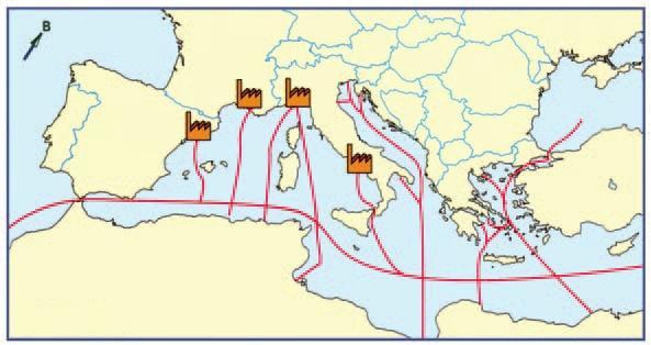 Β 1 2 3 4 0 500km Κύρια δρομολόγια πετρελαιοφόρων πλοίων Κύριες βιομηχανικές περιοχές 1 Βαρκελώνη 2 Μασσαλία 3 Γένοβα 4 Νάπολι 15.