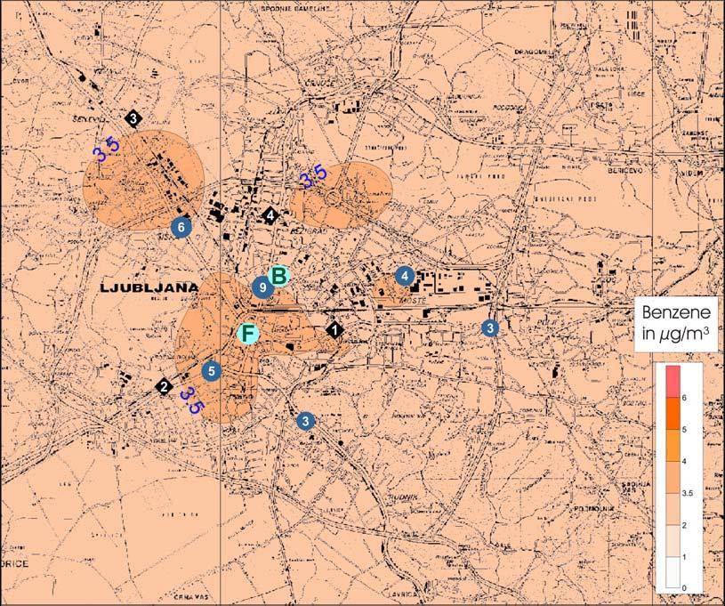 Povprečne letne koncentracije benzena v Ljubljani (maj 2003-maj 2004) Vir: ARSO Porazdelitev koncentracije benzena v Ljubljani je pokazala, da so najvišje koncentracije tam, kjer so viri benzena ob