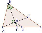 4579. Δίνεται τρίγωνο ΑΒΓ με ΑΔ και ΑΕ αντίστοιχα η εσωτερική και η εξωτερική διχοτόμος της γωνίας Α (Δ,Ε σημεία της ΒΓ). Φέρουμε ΒΖ κάθετη στην ΑΔ και ΒΗ κάθετη στην ΑΕ και θεωρούμε Μ το μέσο του ΒΓ.