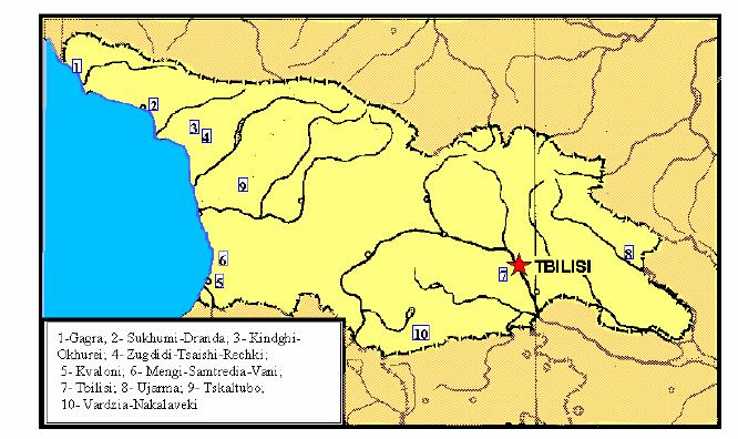 Georgia: 1-gagra, 2-soxumi-dranda, 3-kindRi-oxurei, 4-zugdidi-caiSi-reCqi, 5-kvaloni, 6-menji-samtredia-vani, 7-Tbilisi, 8-ujarma, 9-wyaltubo, 10-varZia-naqalaqevi grafiki 5-25.