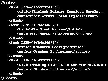 Στην εικόνα παρακάτω φαίνεται ένα παράδειγμα ενός εγγράφου XML. Σχήμα 6 Παράδειγμα XML εγγράφου Φαίνεται εύκολα ότι η σήμανση XML αποτελείται από αντικείμενα (π.χ. Books, Book, title, author) και καθένα από αυτά τα αντικείμενα εκτός από ιδιότητες (π.