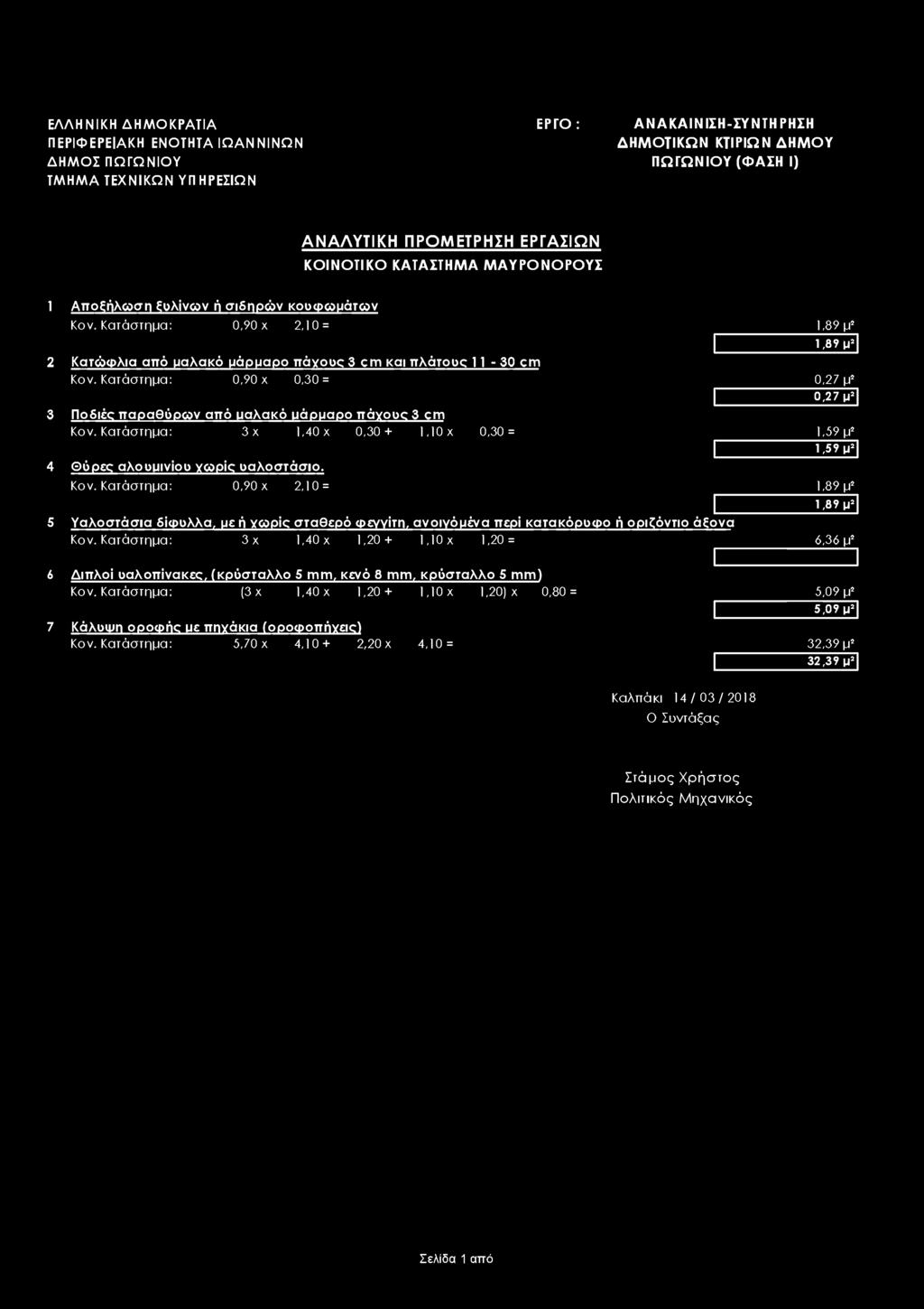 ΕΛΛΗΝΙΚΗ ΔΗΜΟΚΡΑΤΙΑ ΠΕΡΙΦΕΡΕΙΑΚΗ ΕΝΟΤΗΤΑ ΙΩΑΝΝΙΝΩΝ ΔΗΜΟΣ ΠΩΓΩΝΙΟΥ ΤΜΗΜΑ ΤΕΧΝΙΚΩΝ ΥΠΗΡΕΣΙΩΝ ΕΡΓΟ: ΑΝ ΑΚΑΙΝΙΣΗ-ΣΥΝΤΗ ΡΗΣΗ ΔΗΜΟΤΙΚΩΝ ΚΤΙΡΙΩΝ ΔΗΜΟΥ ΠΩΓΩΝΙΟΥ (ΦΑΣΗ I) ΑΝΑΛΥΤΙΚΗ ΠΡΟΜΕΤΡΗΣΗ ΕΡΓΑΣΙΩΝ