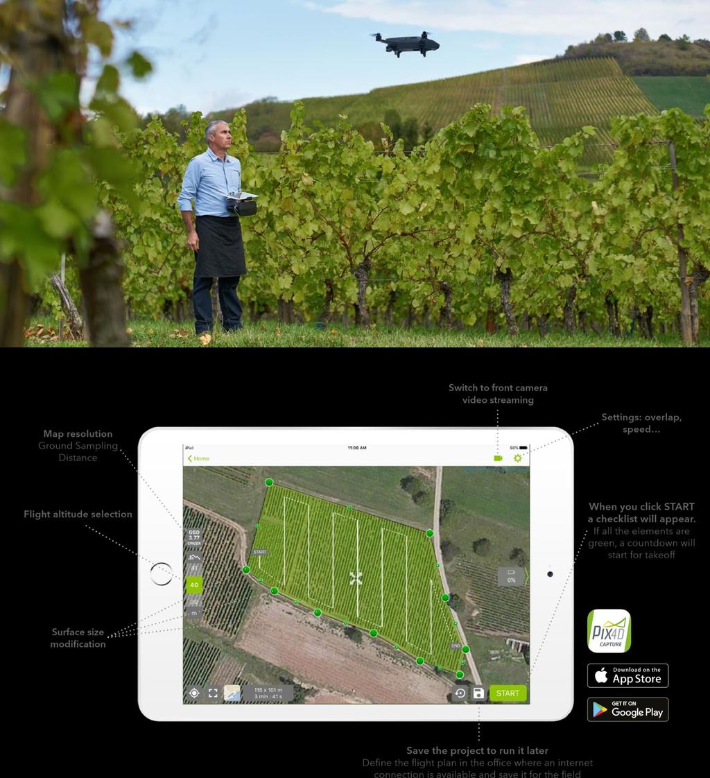 Το Pix4Dcapture είναι ένα φιλικό App σχεδιασμού και εκτέλεσης εντελώς αυτόνομων πτήσεων συλλογής δεδομένων πολυφασματικών