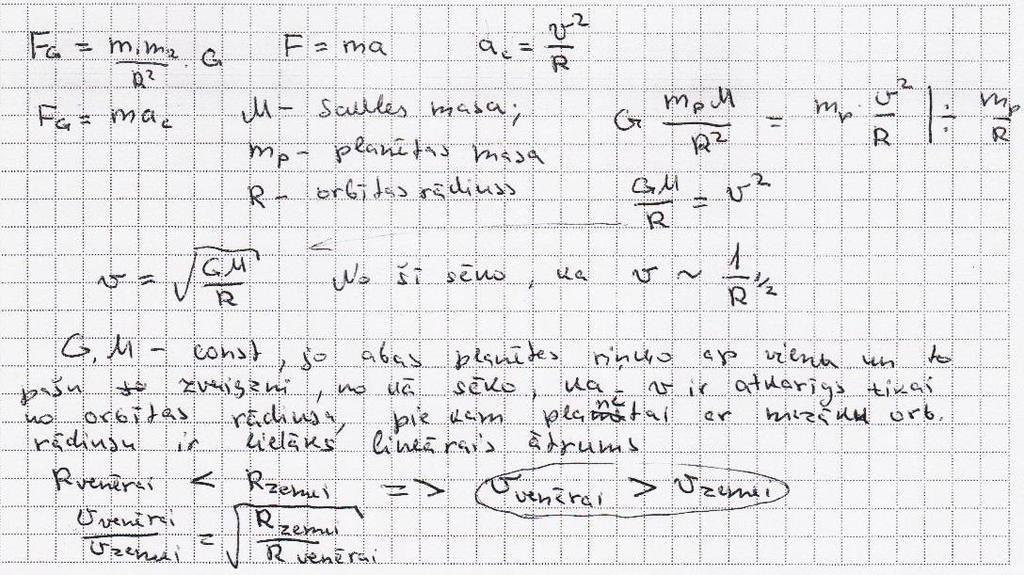 Uzd. 9 Uzdevums ) F=ma; F=GmM/R ; ) a=v /R; 3) iegūst GM v ; R No šīs sakarības: tā kā Venērai R ir mazāks nekā Zemei, tad Venērai